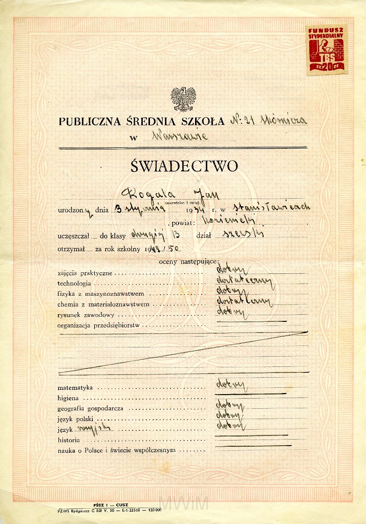 KKE 5854.jpg - Dok. Świadectwo szkolne wystawione przez Publiczną Średnią Szkołę im. Skórnicza dla Jana Rogala, Warszawa, 23 VI 1950 r.